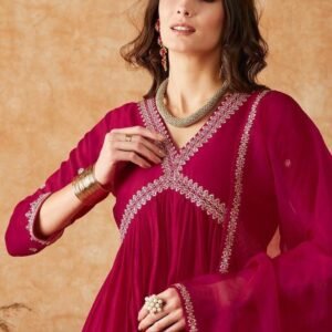 Hot Red Alia Cut Kurti Pant Set With Dupatta
