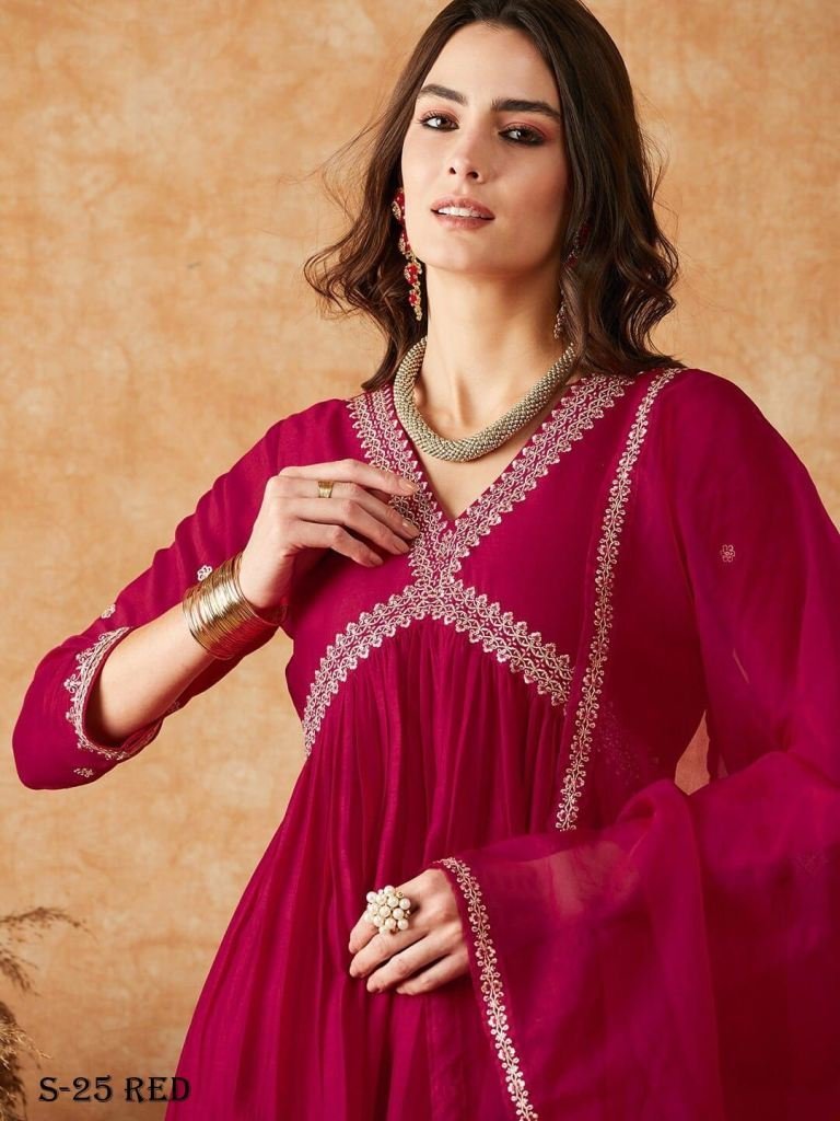 hot red alia cut kurti pant se 1721040099 Hot Red Alia Cut Kurti Pant Set With Dupatta