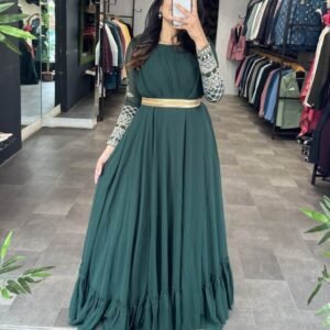 Hunter Green Georgette Gown With Attached Dupatta