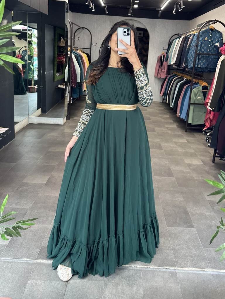hunter green georgette gown wi 1712307474 Hunter Green Georgette Gown With Attached Dupatta