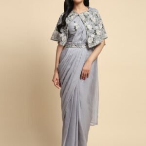 Imported Chiffon Light Grey Saree With Embroidered Belt