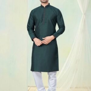 Indian Festival Wear Bottle Green Pure Silk Men Kurta With Cotton Pajama
