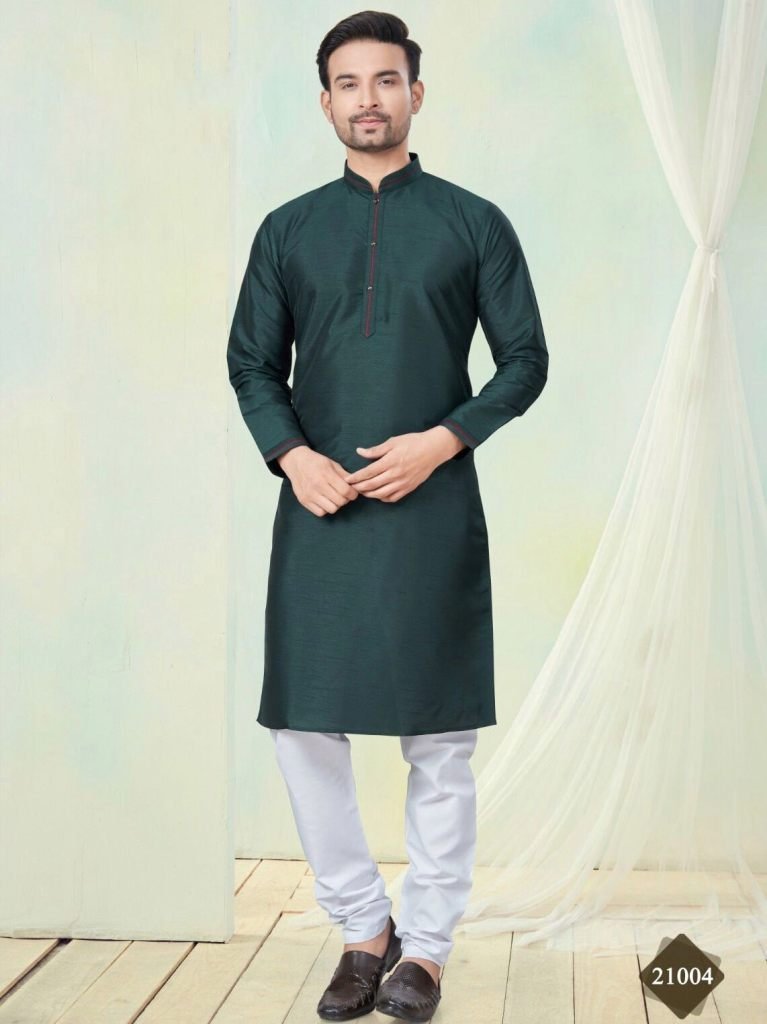 indian festival wear bottle gr 1735551631 Indian Festival Wear Bottle Green Pure Silk Men Kurta With Cotton Pajama