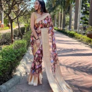 Indian Wear Brown Georgette Silk Saree With Flower Print
