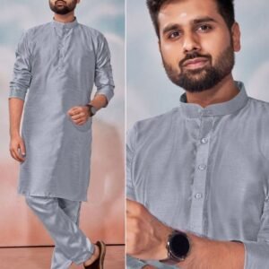 Indian Wear Grey Banglori Silk Kurta Pant Set For Mens