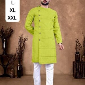 Indian Wear Parrot Green Ruby Cotton Men Kurta With Pajama