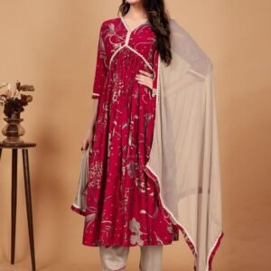 Indian Wear Red Viscose Mill Print Kurti Pant Dupatta Set