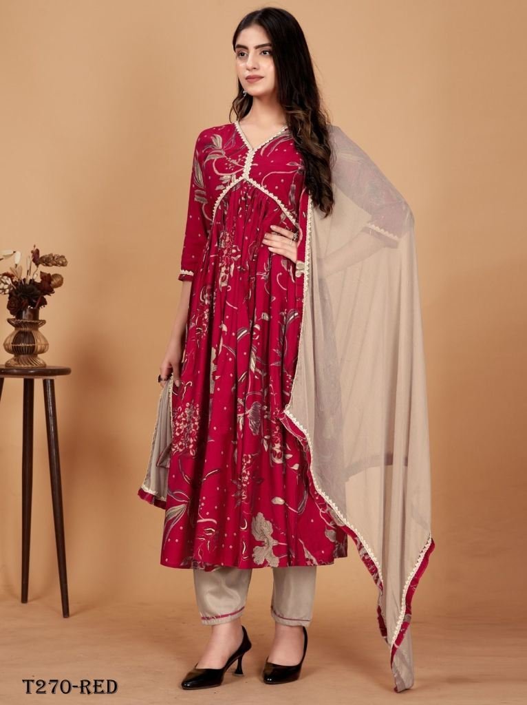 indian wear red viscous mill p 1721740176 Indian Wear Red Viscose Mill Print Kurti Pant Dupatta Set