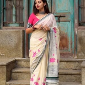 Ivory Linen Saree With Pink Lotus Prints