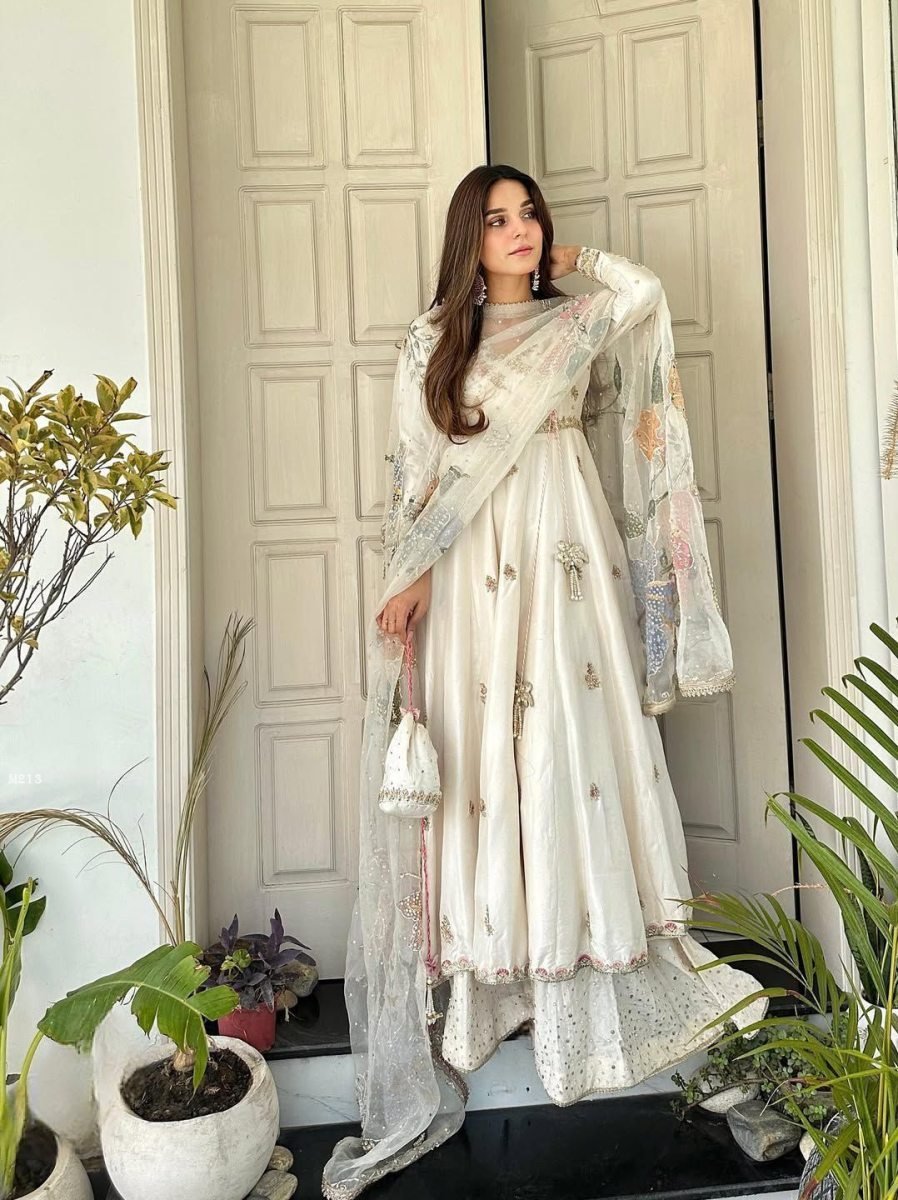 ivory white embroidered anarka 1771922722 Ivory White Embroidered Anarkali Gown With Pastel Printed Organza Dupatta