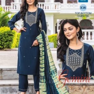 Jamini Blue Straight Cut Work Roman Silk Kurtis