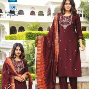 Jamini Brown Straight Cut Work Roman Silk Kurtis