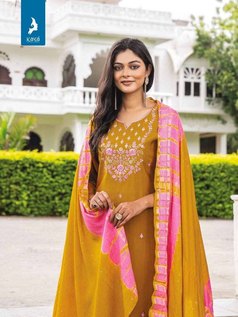 jamini musterd straight cut wo 1727516306 Jamini Musterd Straight Cut Work Roman Silk Kurtis