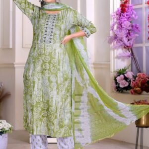 KAVERI Green color Rayon Print with work kurti pant dupatta sets