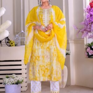 KAVERI Yellow color Rayon Print with work kurti pant dupatta sets