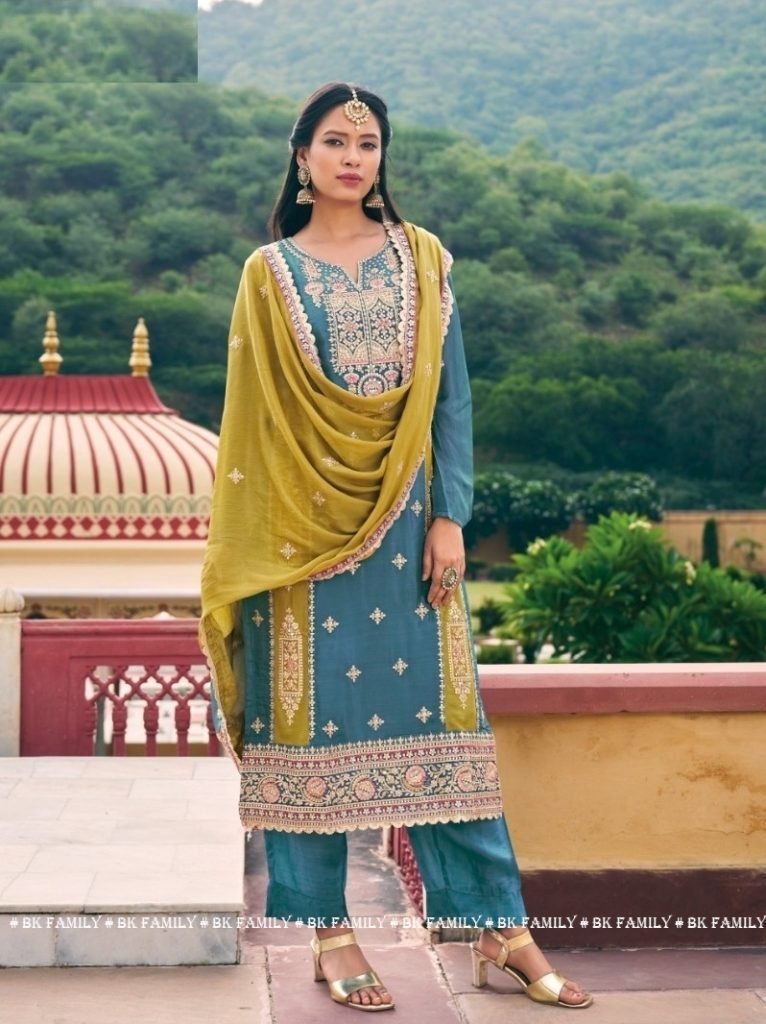 kavya real chinon three piece 1711542807 Kavya Real Chinon Three Piece Embroidered Party Wear Suits with Pant