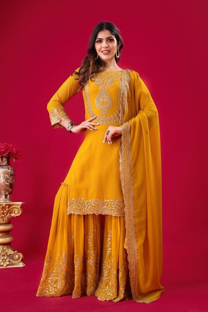 ladies haldi function embroide 1742357061 Ladies Haldi Function Embroidery Work Georgette Suits