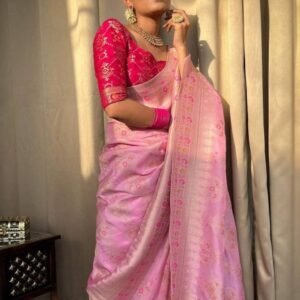 Ladies Pink Onion Wedding Banarasi Soft Silk Saree