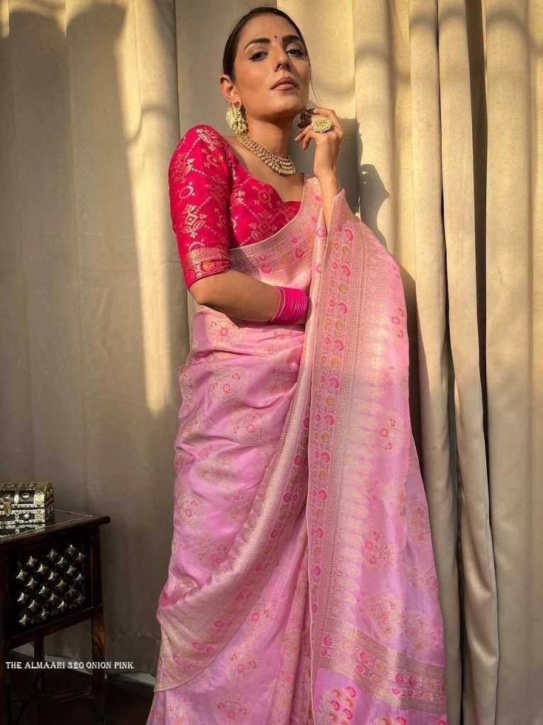 ladies pink onion wedding bana 1712818567 Ladies Pink Onion Wedding Banarasi Soft Silk Saree