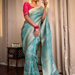 Ladies Turquoise Green Wedding Banarasi Soft Silk Saree