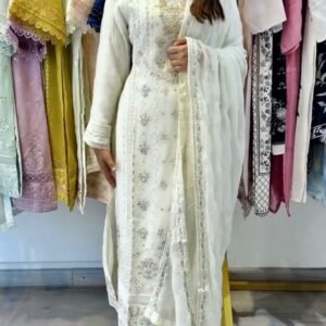 Designer Georgette White Long Kurti Pant Dupatta Set