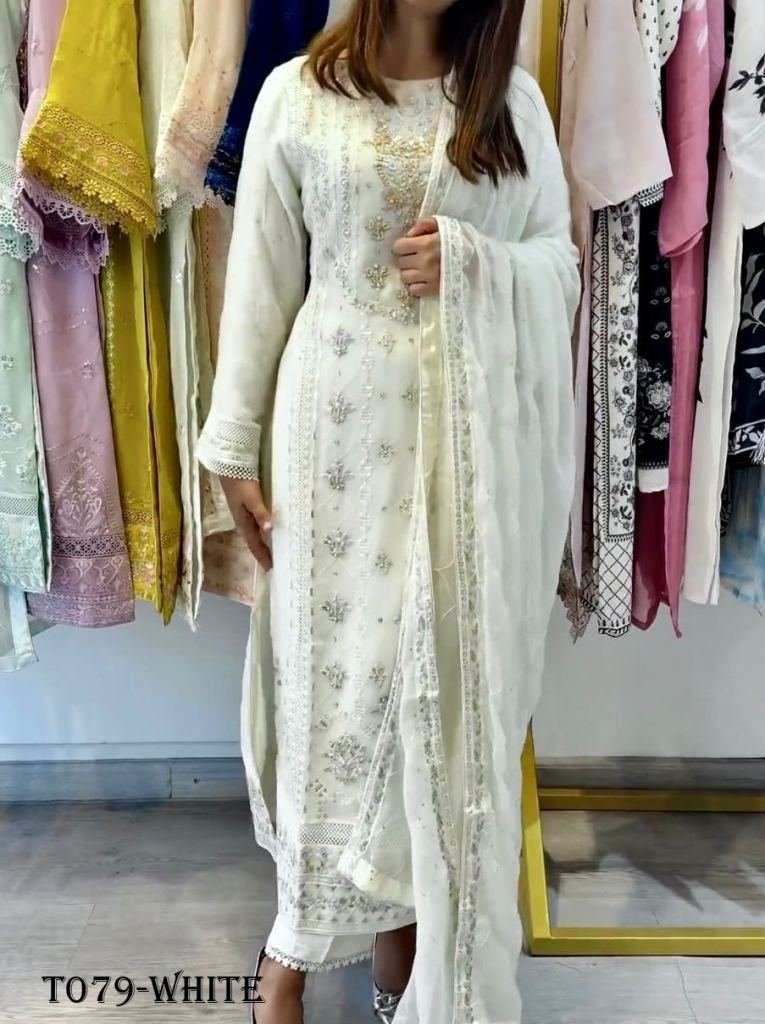 ladies wear designer georgette 1718606209 Designer Georgette White Long Kurti Pant Dupatta Set