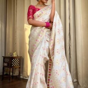 Ladies White Wedding Banarasi Soft Silk Saree