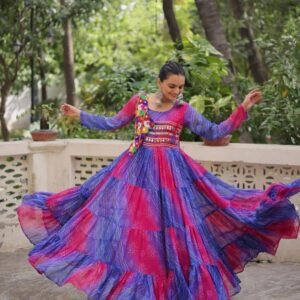 Navratri Special Laheriya Bandhej Gown With Kutchi Patchwork