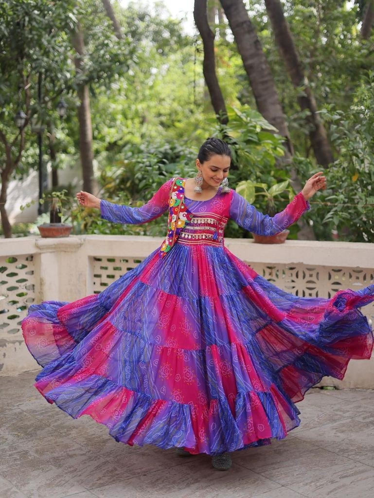laheriya bandhej purple and pi 1757596382 Navratri Special Laheriya Bandhej Gown With Kutchi Patchwork