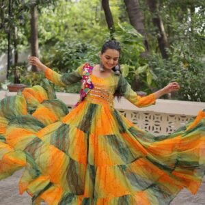 Laheriya Bandhej Yellow And Green Printed Kutchi Patche Work Gown