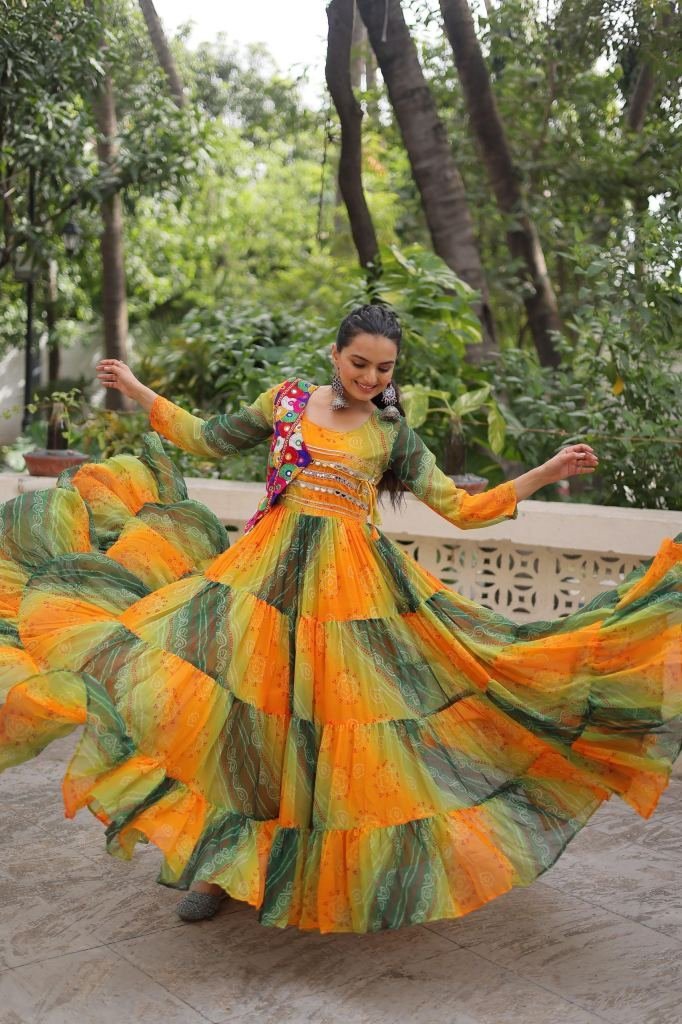 laheriya bandhej yellow and gr 1757596093 Laheriya Bandhej Yellow And Green Printed Kutchi Patche Work Gown
