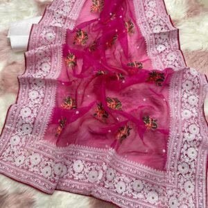 Latest Baby Pink Organza Silk Saree With Chikankari Work