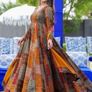 Latest Bandhani Design Muslin Gown With Dupatta Set
