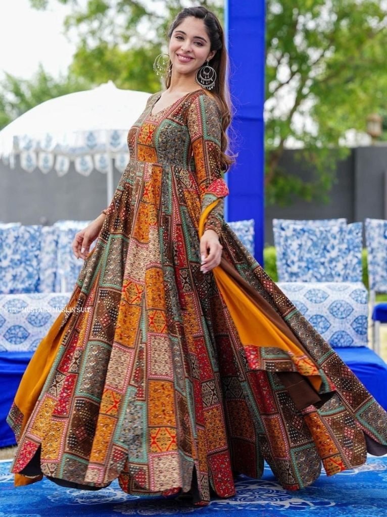 latest bandhani design muslin 1717418672 Latest Bandhani Design Muslin Gown With Dupatta Set
