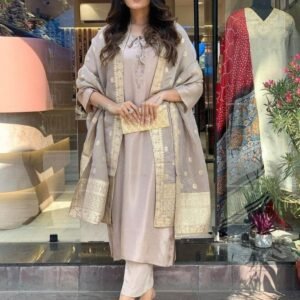 Latest Beautiful Grey Roman Silk Kurtis Three Piece Set
