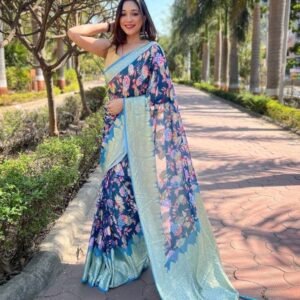 Latest Blue Georgette Silk Saree With Flower Print
