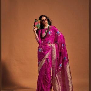 Latest Branded Rani Flower Work Satin Silk Saree