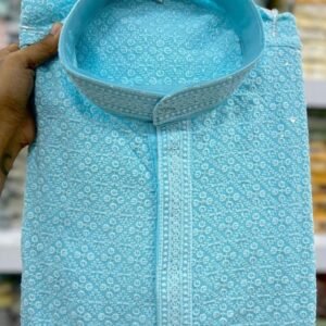 Latest Chikan Work Rayon Sky Blue Kurta With Pyjama