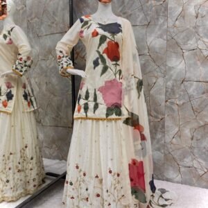 Party Wear Chinon Cream Gharara Suit With Embroidery Work