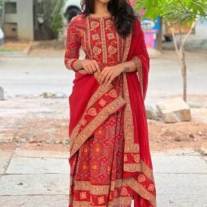 Latest Cotton Red Anarkali Kurti Pant Set