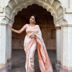Latest Cream Colour Saree With Heavy Brocade Blouse