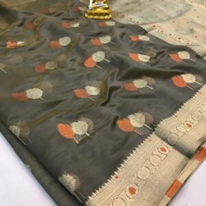 Latest Dark Grey Weaving Organza Silk Saree