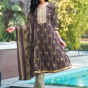 Latest Dark Onion Pure Cotton Kurti Pant Dupatta Set
