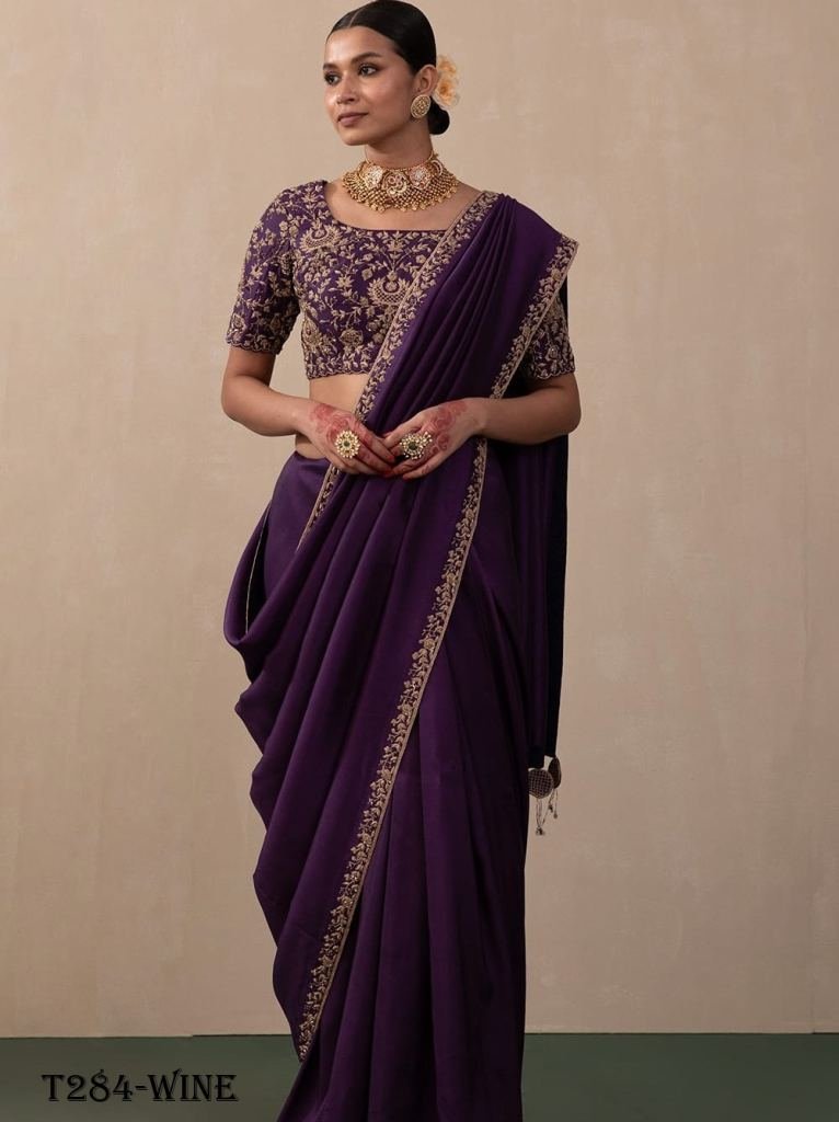 latest design wine vichitra si 1722497516 Latest Design Wine Vichitra Silk Saree With Embroidery Saree