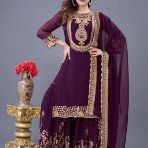 Latest Designer Wine Heavy Embroidery Work Georgette Suits For Ladies