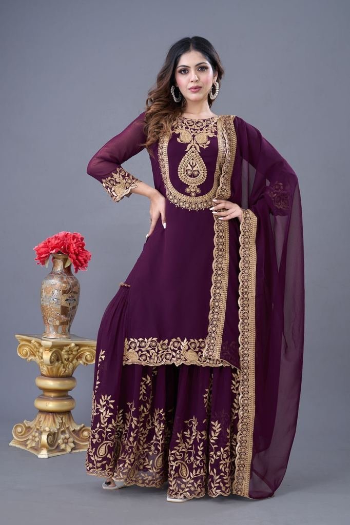 latest designer wine heavy emb 1742356892 Latest Designer Wine Heavy Embroidery Work Georgette Suits For Ladies