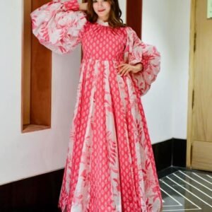 Latest Digital Printed Cotton Silk Pink Long Gown