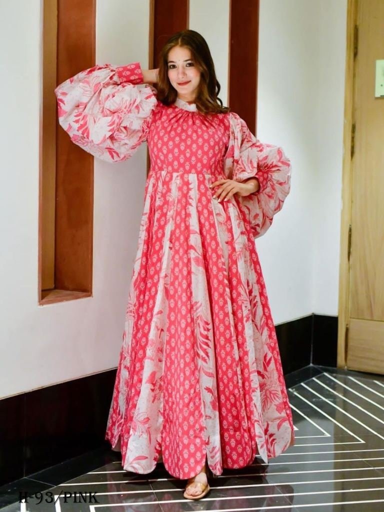 latest digital printed cotton 1725096094 Latest Digital Printed Cotton Silk Pink Long Gown