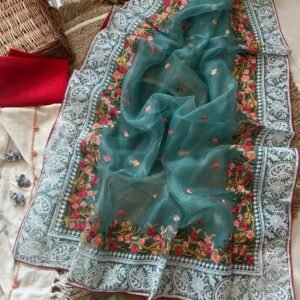 Latest Embroidery Work Organza Silk Rama Saree