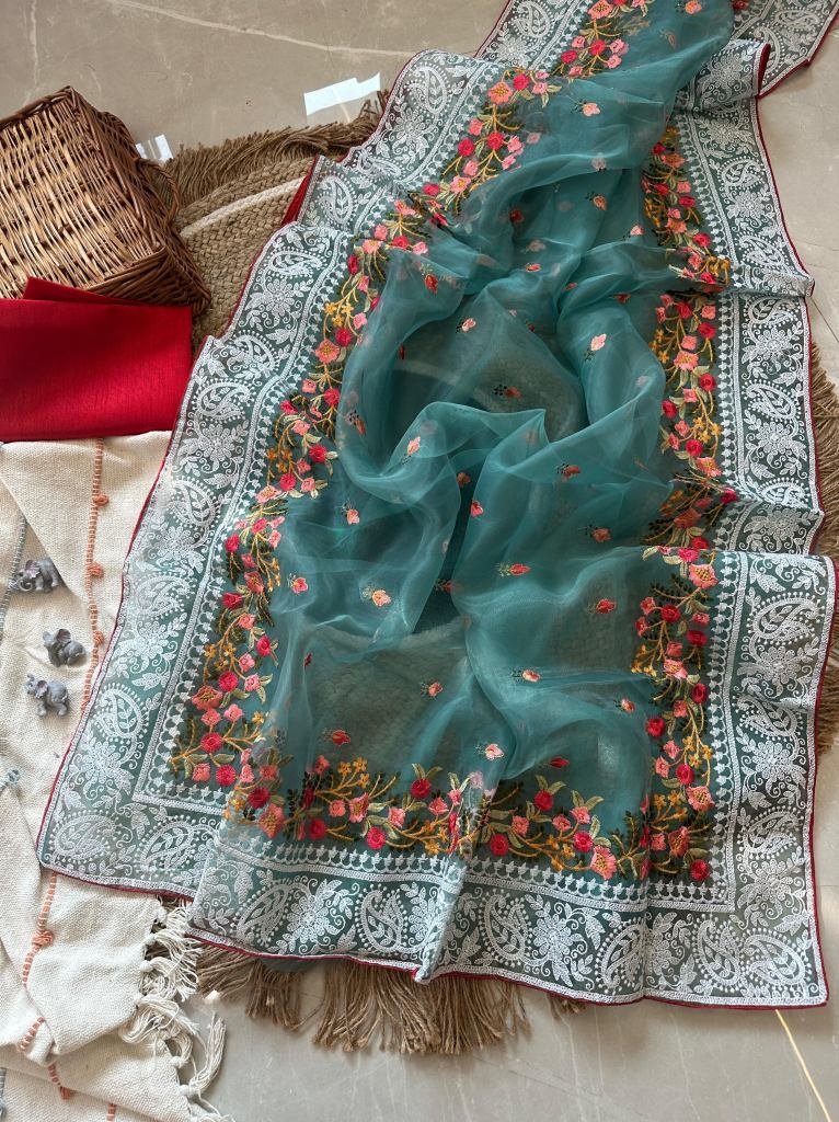 latest embroidery work organza 1729573565 Latest Embroidery Work Organza Silk Rama Saree